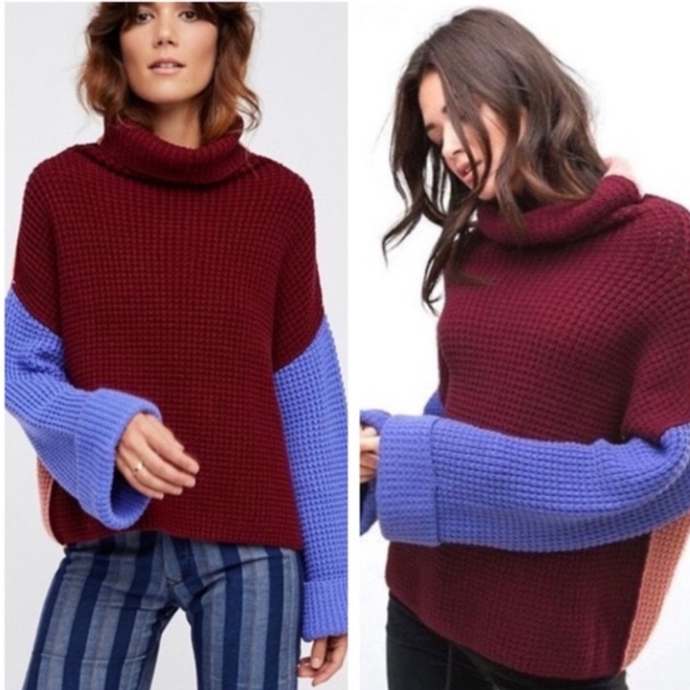 FREE PEOPLE | Oversized Colorblock Waffle Knit Cowl Neck Turtleneck Sweater, S‎